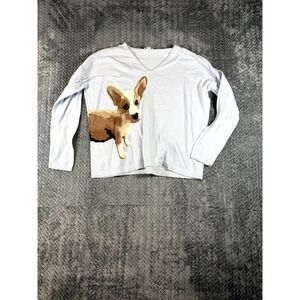 J.Jill Sweater Womens Petite Small Beige Pembroke Welsh Corgi Dog Knit V Neck